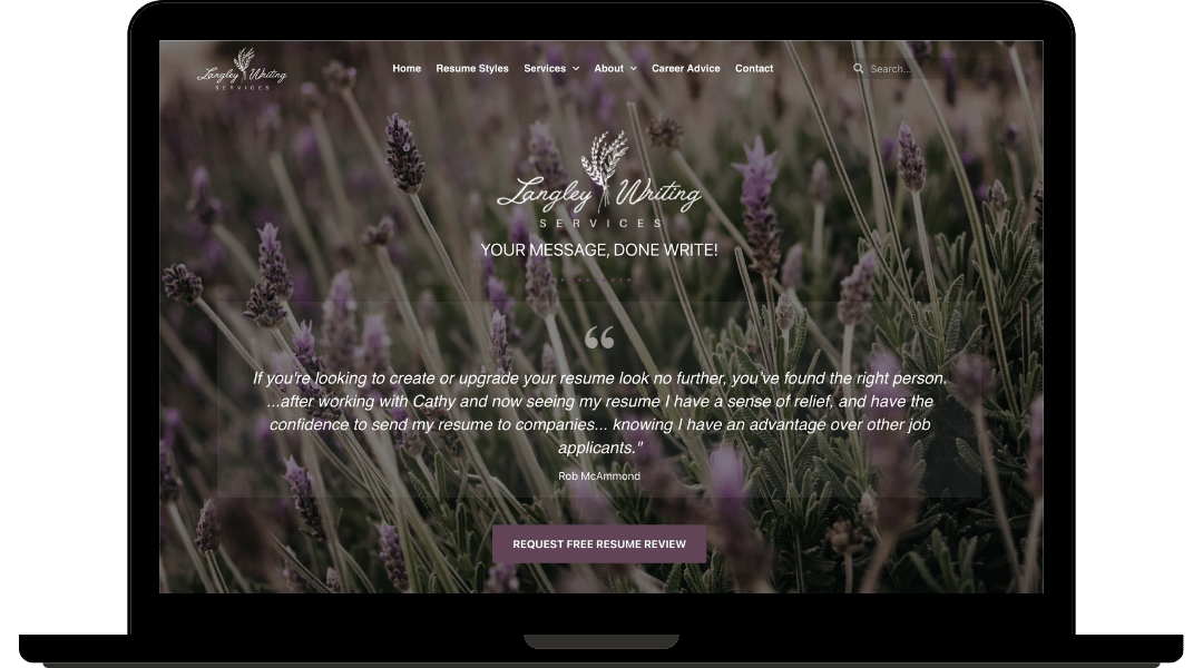 Website layout screenshot for Langley Writing Services.