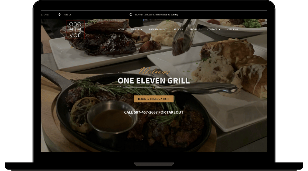 Website layout screenshot for One Eleven Grill in Red Deer, Alberta.